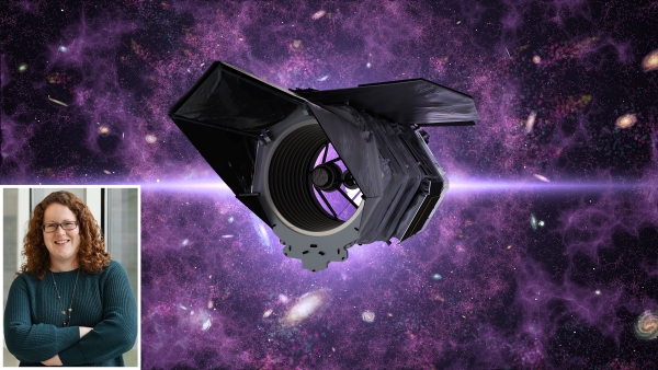 Illustration of the Roman Space Telescope with a purple background depicting galaxies and dark matter. The speaker's photo is in the lower left corner.