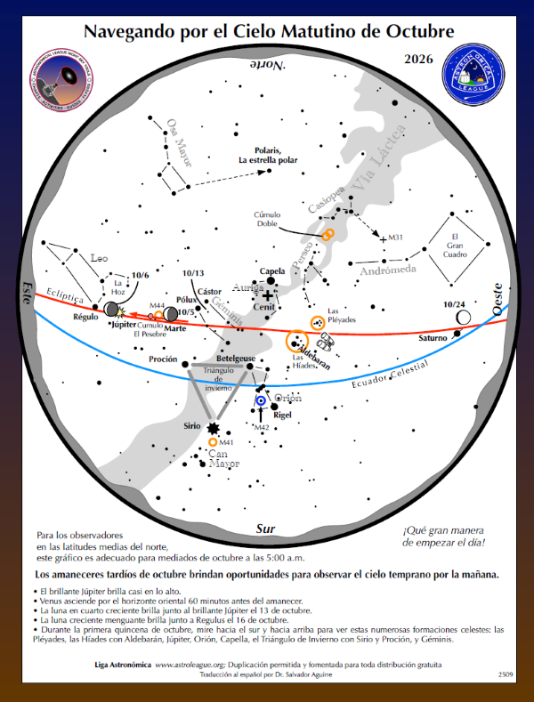 Mapa estelar con el título «Navegando por el cielo matutino de mediados de octubre»