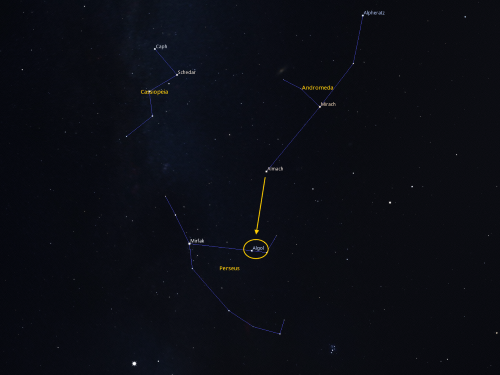 An image of the Cassiopeia, Andromeda and Perseus constellations, with a yellow arrow pointing from star Almach in Andromeda to Algol in Perseus.