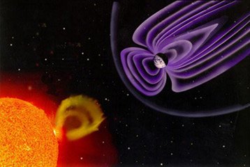 image of a slide from the Space Weather presentation, featuring the Earth's magnetotail as it interacts with a solar storm