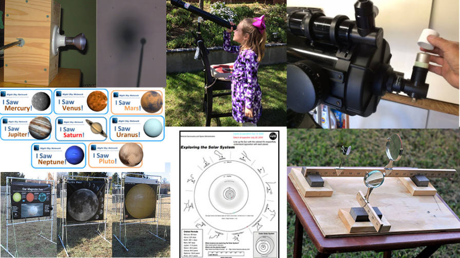 collage of toolkit material previews, alternating between people looking through telescopes and handouts showing planets